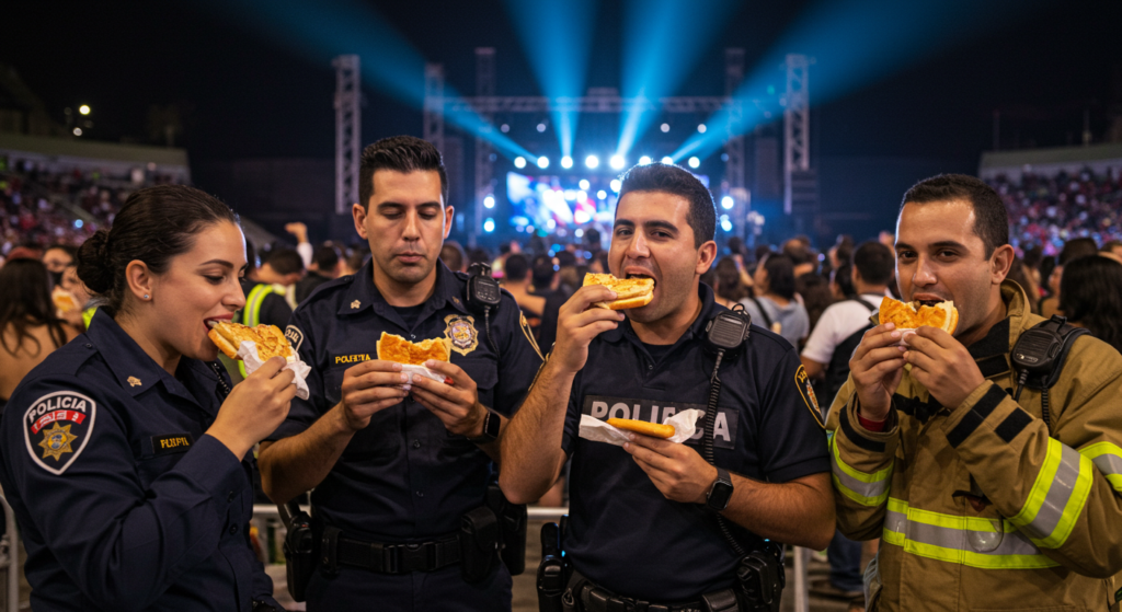 Profissionais de segurança comem sanduíches durante show; exemplo de kit lanche para staff em eventos da Bonaliment