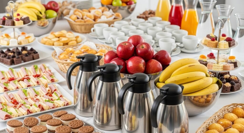 Buffet de desjejum com frutas frescas, pães, bolos e garrafas térmicas sobre a mesa na bonaliment