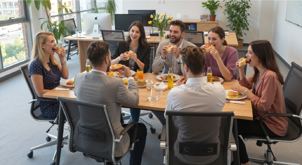 Equipe de agência em pausa descontraída saboreando o Kit Lanche para Agências Bonaliment