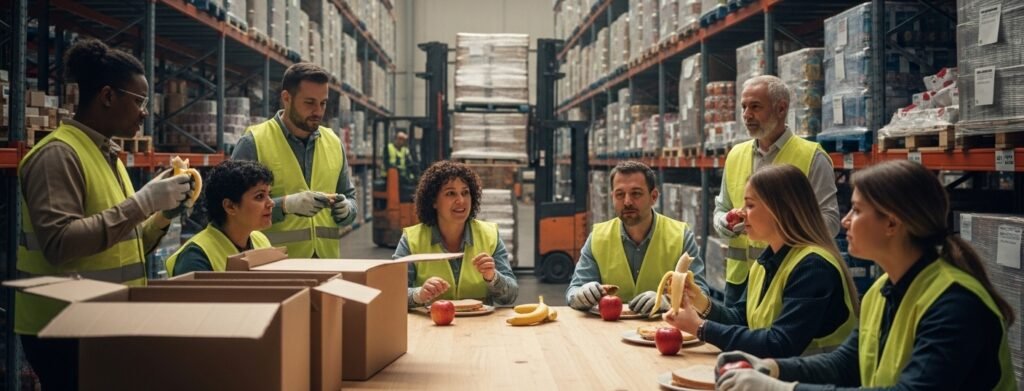 Equipe em centro de distribuição da Bonaliment fazendo pausa com kit lanche para centros de distribuição